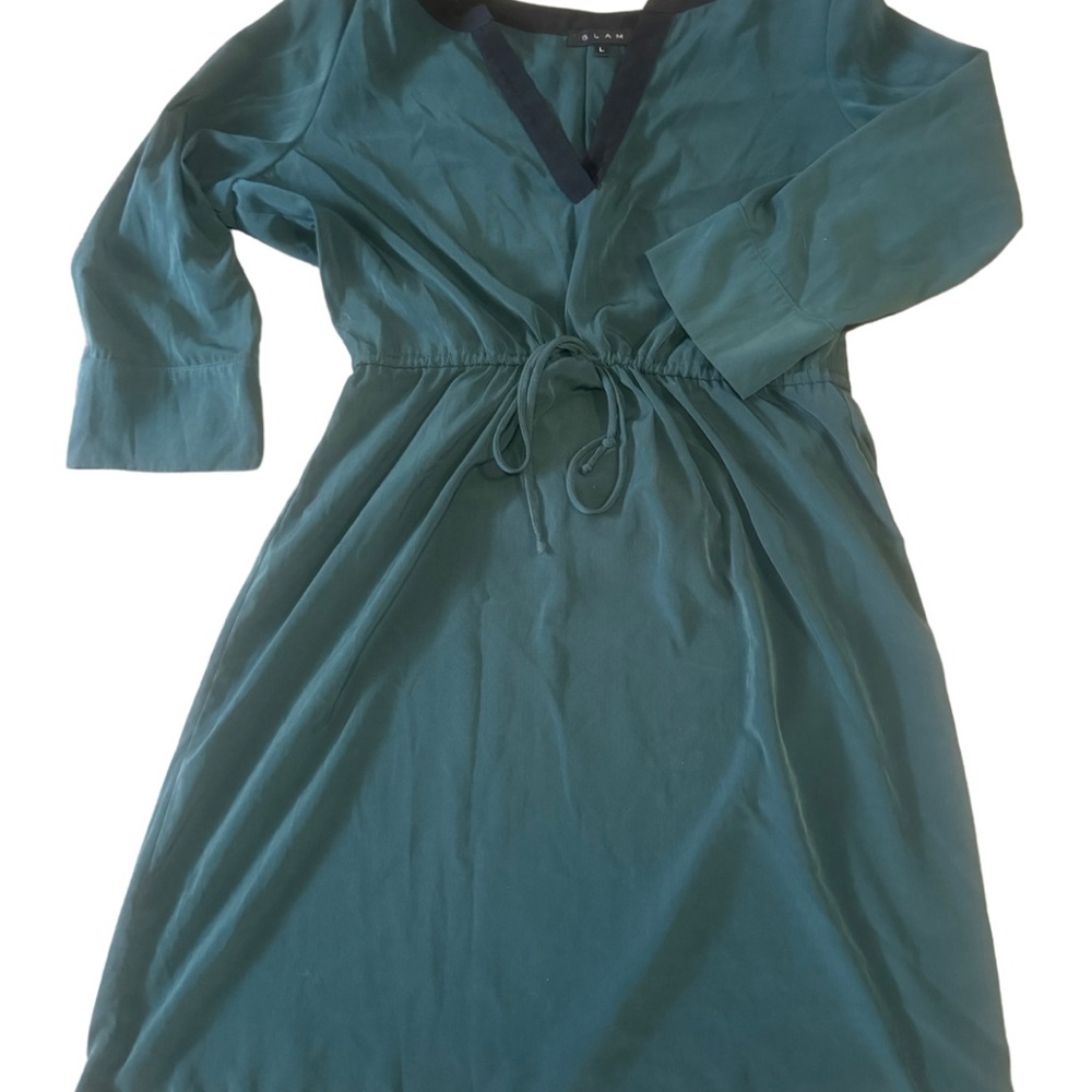 Emerald Green Dress with 3/4 Sleeves and Tie Front